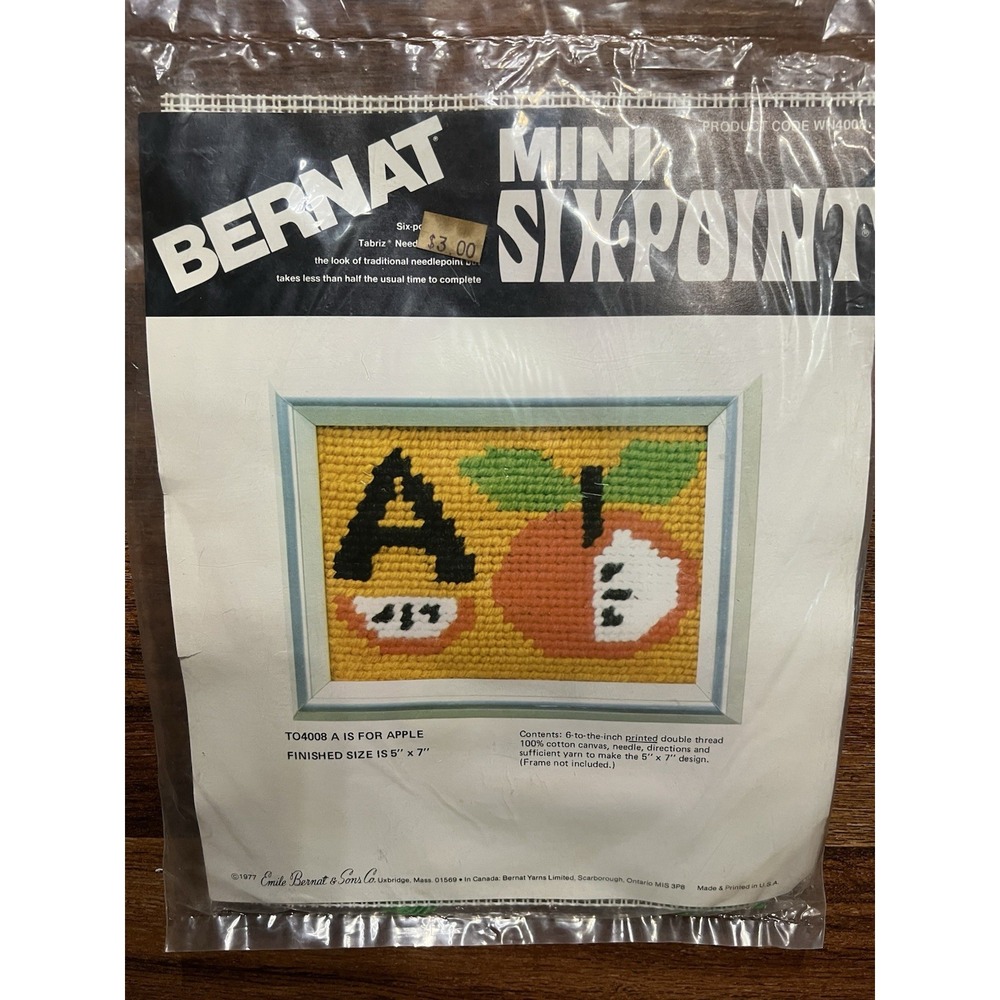 1977 Bernat Mini Six-Point Needlepoint "A" IS FOR APPLE #TO4008